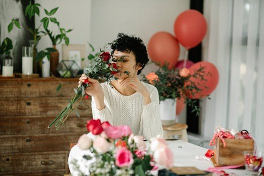 A woman in a cozy sweater enjoys a bouquet of roses in a festive indoor setting.